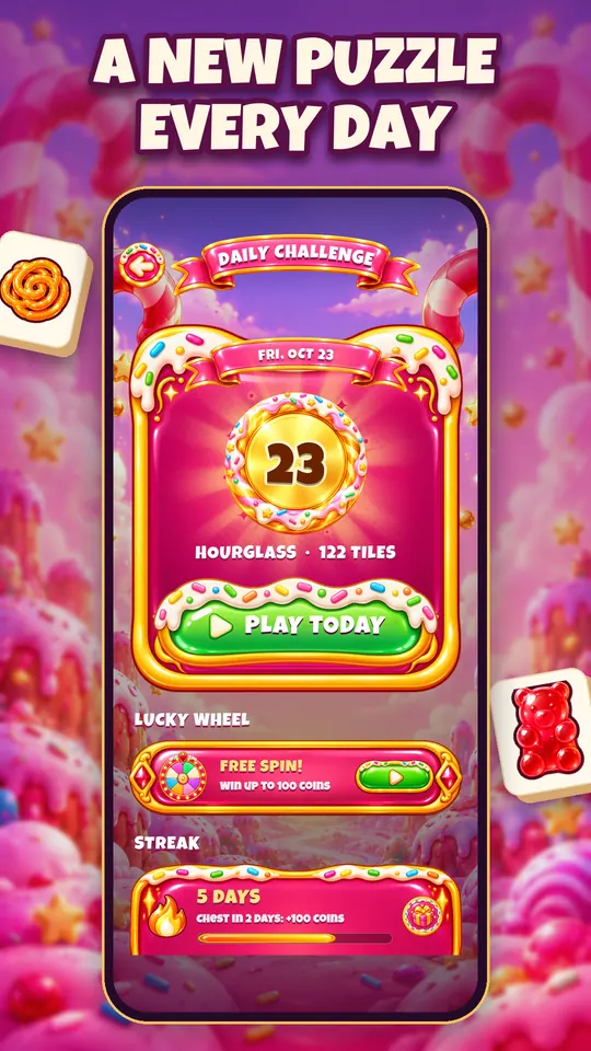 The Daily Challenge screen on a phone, with the date, a Play Today button, the Lucky Wheel and the day streak.