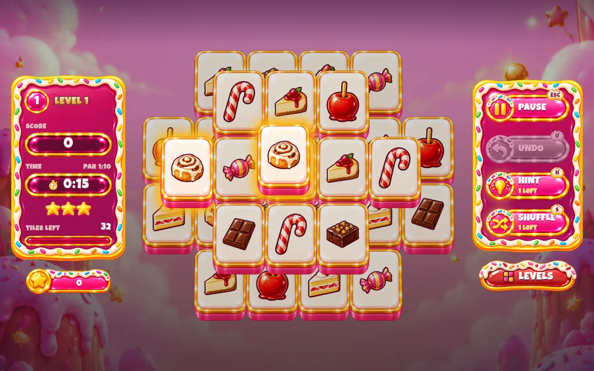 A Tile Treat board of candy, cake and pastry tiles stacked in layers, with the score and timer on the left and the Pause, Undo, Hint and Shuffle buttons on the right.
