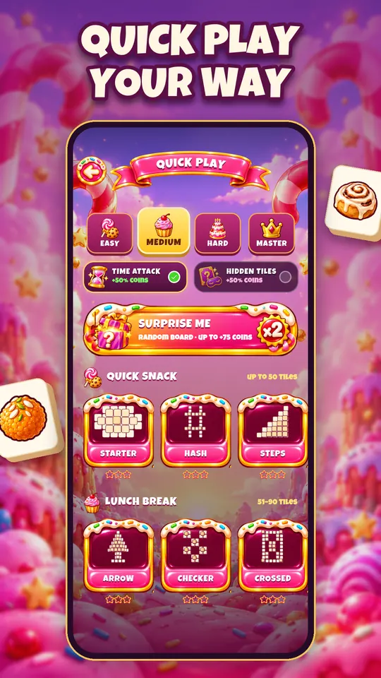 The Quick Play screen on a phone, with Easy, Medium, Hard and Master difficulties, the Time Attack and Hidden Tiles boosts, and boards to pick.